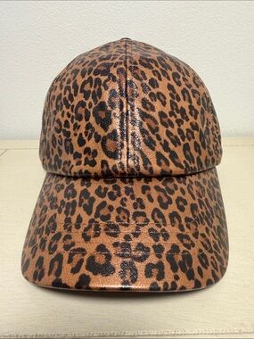 Ponyflo Leopard Print Faux Leather Ponytail Baseball Hat Messy Bun Cap